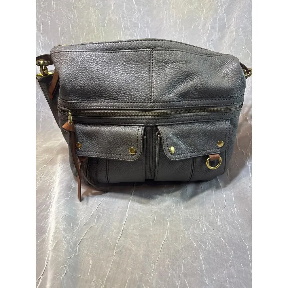 Fossil Morgan Traveler Gray Pebbled Leather Crossbody Messenger Bag